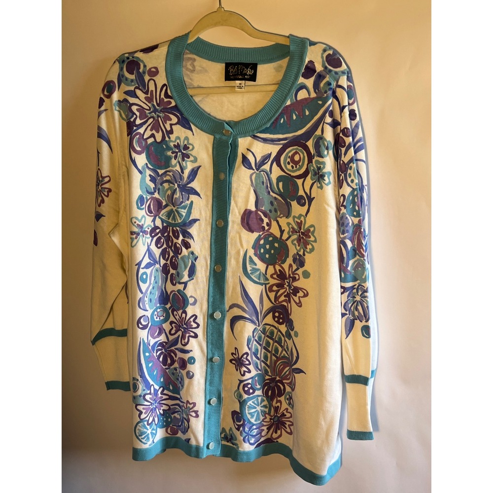 Bob Mackie Cream Cardigan with Teal Trim and Purple & Blue Floral Motif